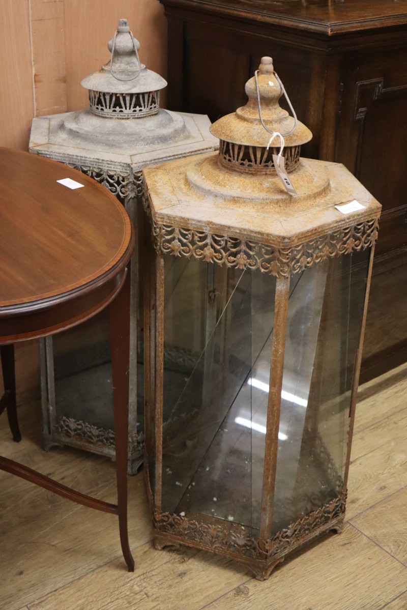 Two aged metal large hexagonal Indian lanterns, H.90cm